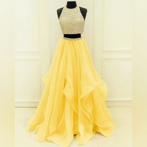 Yellow pearl and sequin top prom dress with layered skirt